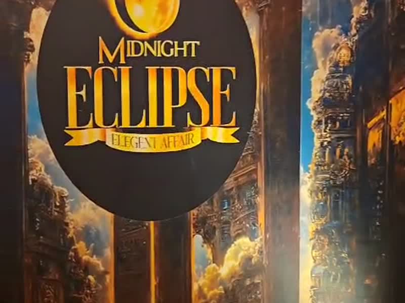 Walkthrough video of a black and gold balloon garland photo backdrop with gold floral accents and a custom printed floor decal, built for a Midnight Eclipse elegant affair by UniQ51 Photo Booth