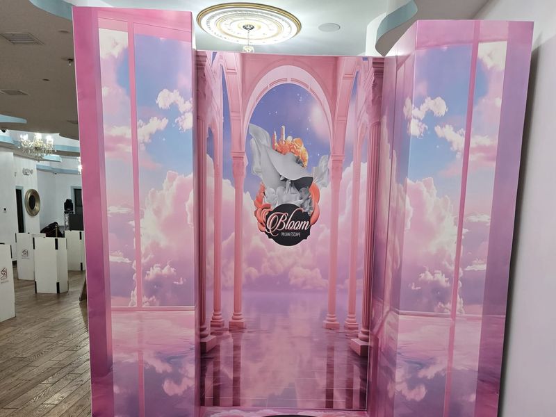 Pink cloud and columns three-panel photo backdrop wall with a raised branded platform, built as a 360 photo booth surround for a themed event in Nassau County, NY